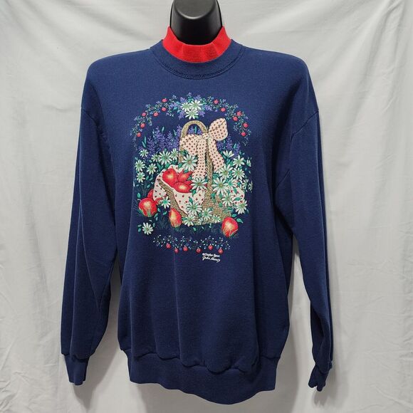Vintage Womens Apple Print Navy Red Pullover  L Grandma Core 90s USA Sweatshirt - Picture 1 of 6